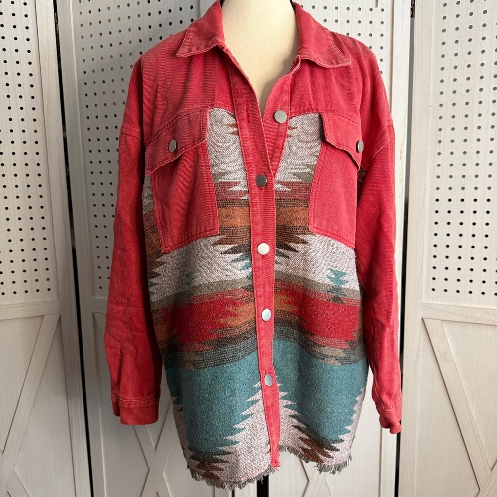 Southwestern Aztec Print Button Front Shacket Jacket M - Picture 2 of 8